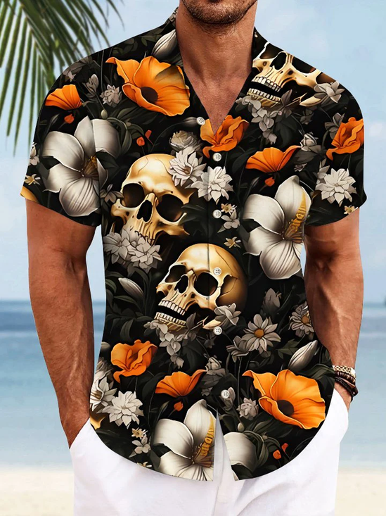 Royaura® Vintage Skull Floral Print Men's Button Pocket Short Sleeve Shirt Big & Tall