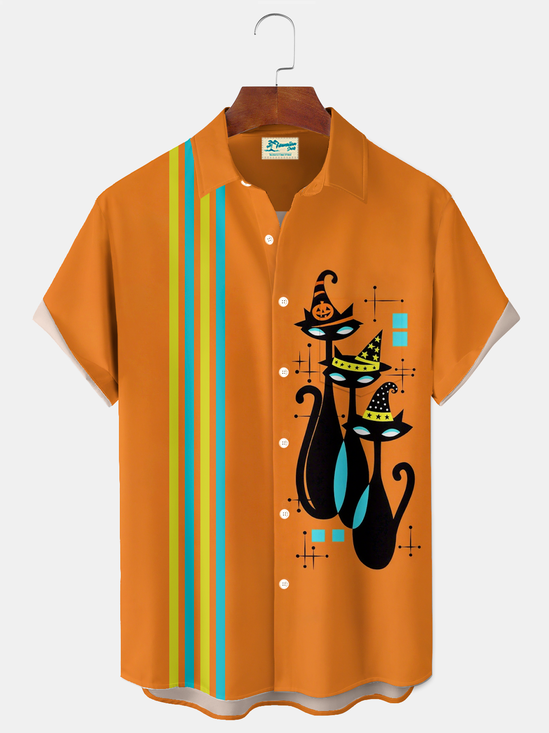 Royaura® Vintage Halloween Cat Trick or Treat Holiday Print Men's Short Sleeve Shirt Big & Tall