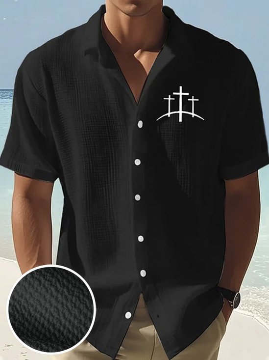 Royaura® Basic Seersucker Cross Print Men's Button Pocket Short Sleeve Test Men Big & Tall
