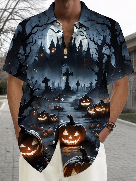 Royaura® Halloween Pumpkin Castle Print Casual Stylish Hawaiian Shirt Summer Shirts Pocket Short Sleeve Shirt Big Tall