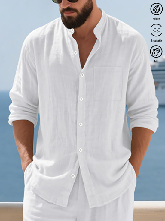 Royaura® Basic Solid Color Print Men's Cotton Linen Long Sleeve Shirt Big & Tall