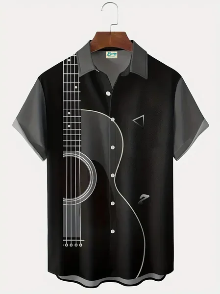 Royaura® Vintage Music Art Print Men's Button Pocket Short Sleeve Shirt Big & Tall