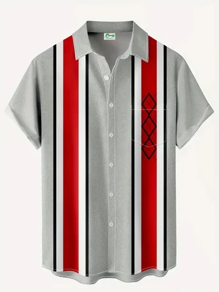 Royaura® Retro 1950s Mid-century Atomic Age Geometric Graphic Print Men's Button Pocket Short Sleeve Shirt Big & Tall