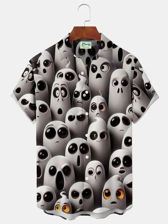 Royaura® Holiday Halloween Cute Cartoon Monster Print Men's Button Pocket Short Sleeve Shirt Big & Tall