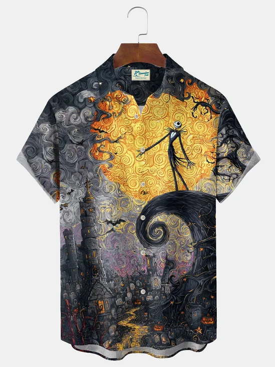 Royaura® Halloween Cartoon Print Casual Stylish Hawaiian Shirt Summer Shirts Pocket Short Sleeve Shirt Big Tall