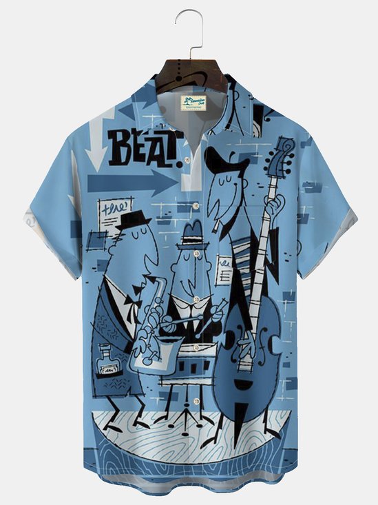 Royaura® Vintage Jazz Music Print Men's Lapel Pocket Short Sleeve Shirt Big&Tall
