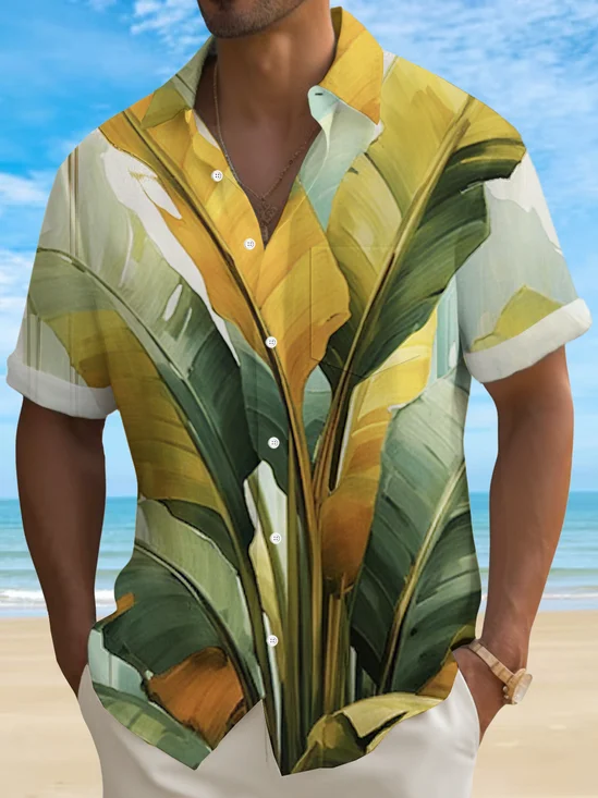 Royaura® Hawaiian Leaf Art Print Men's Button Pocket Short Sleeve Shirt Big & Tall