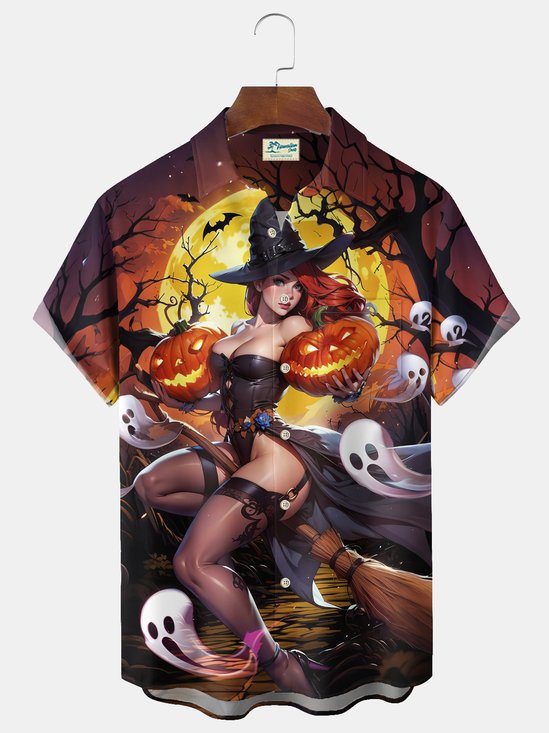 Royaura® Halloween Witch Cartoon Print Casual Stylish Hawaiian Shirt Summer Shirts Pocket Short Sleeve Shirt Big Tall