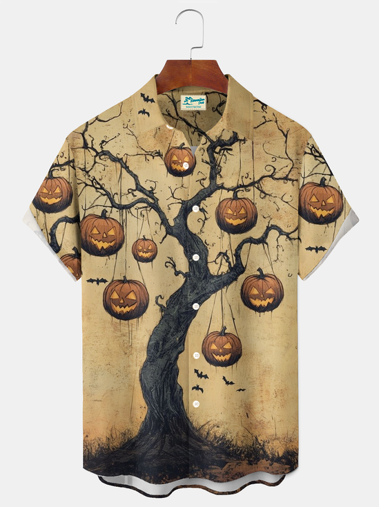 Royaura® Holiday Halloween Pumpkin Tree Print Men's Button Pocket Short Sleeve Shirt Big & Tall