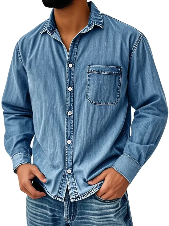 Royaura® Solid Denim Washed Print Men's Button Pocket Long Sleeve Shirt Big & Tall