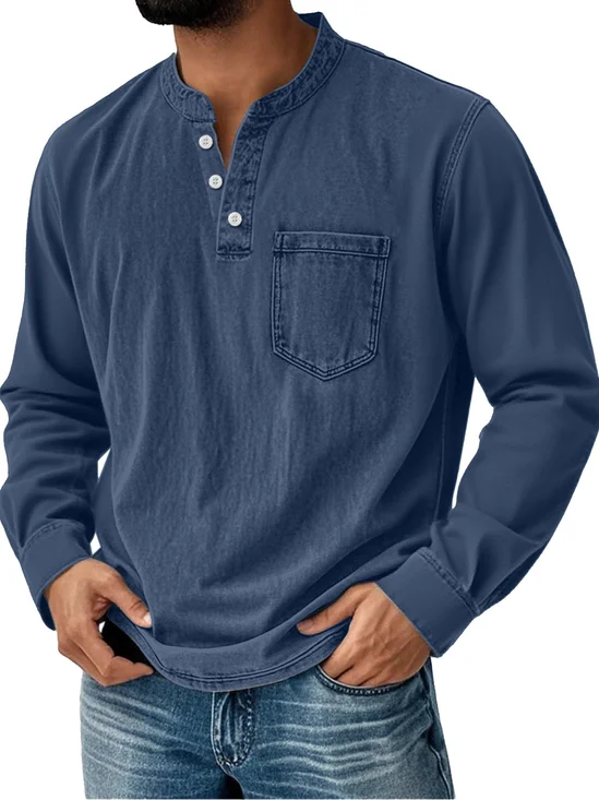 Royaura® Basic Men's Casual Fashion Elastic Button Open Collar Long Sleeve Pocket T-Shirt Big Tall