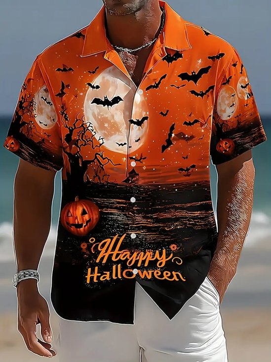Royalaura® Holiday Halloween Night Happy Print Men's Pocket Short Sleeve Shirt Big & Tall
