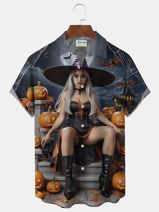 Royaura® Halloween Beauty Witch Print Men's Pocket Short Sleeve Shirt Big & Tall