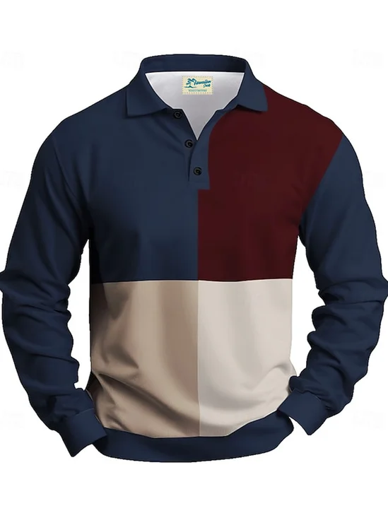 Royaura® Men's Retro Contrast Print Button-Down Long Sleeve Polo Shirt Big & Tall