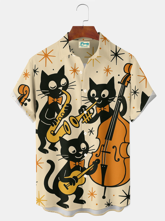 Royaura® Vintage Retro 1950s Mid-century Atomic Age Geometric Cat Jazz Night Art Print Men's Button Pocket Short Sleeve Shirt Big & Tall