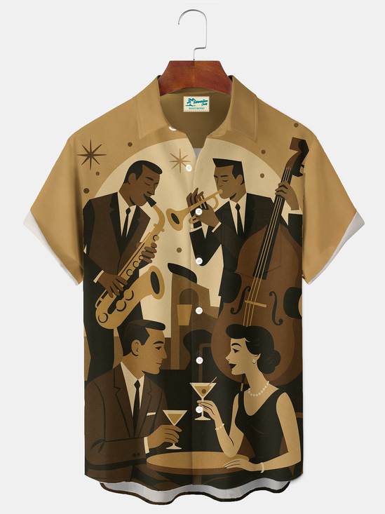 Royaura® Vintage Retro 1950s Mid-century Atomic Age Geometric Jazz Night Art Print Men's Button Pocket Short Sleeve Shirt Big & Tall