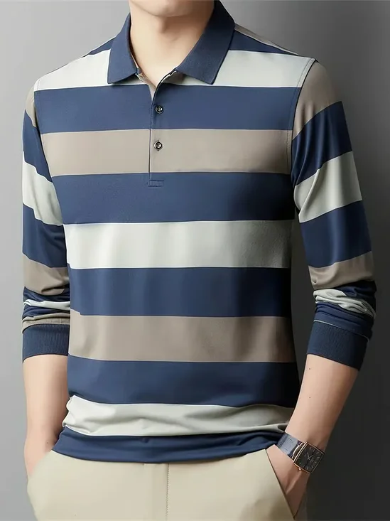 Royaura® Men's Classic Stripe Print Button-Down Long Sleeve Polo Shirt Big & Tall