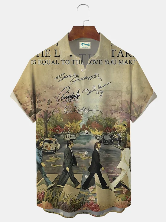 Royaura® Men's Vintage Super Band Print Lapel Pocket Short Sleeve Shirt Big & Tall