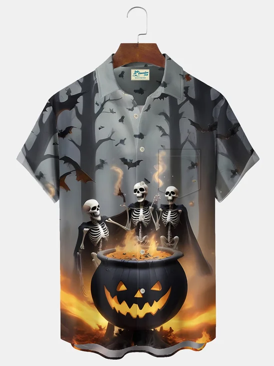 Royaura® Halloween Skeleton Print Casual Stylish Hawaiian Shirt Summer Shirts Pocket Short Sleeve Shirt Big Tall