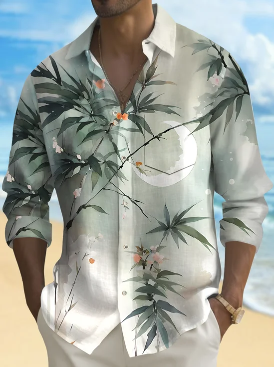 Royaura® Beach Vacation Men's Casual Stylish Plant Print Men's Button Pocket Long Sleeve Shirt Big Tall