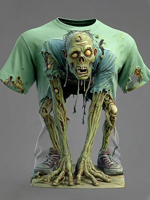Royaura® Halloween Optical Illusion Zombie Print Men's Round Neck Short Sleeve T-Shirt Big & Tall