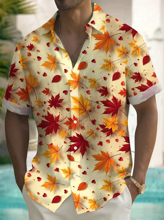 Royaura® Men's Retro Maple Leaf Print Button Pocket Short Sleeve Shirt Big & Tall