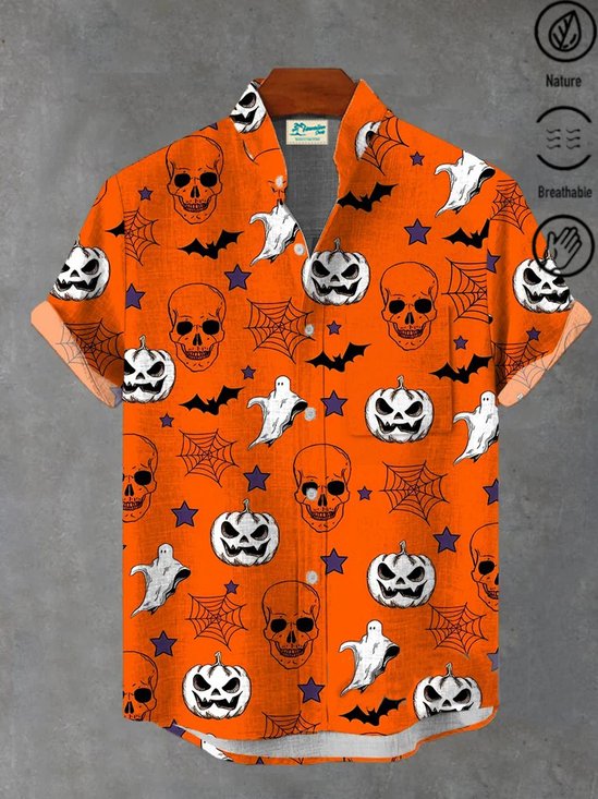 Royaura® Bamboo Hemp Halloween Ghost and Skull Print Men's Button Pocket Shirt Big & Tall