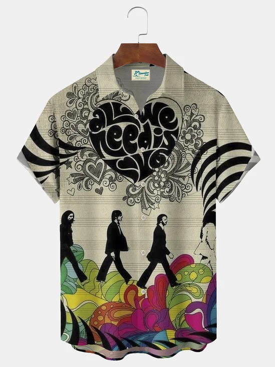 Royalaura® Men's Vintage Super Band Print Lapel Pocket Short Sleeve Shirt Big & Tall