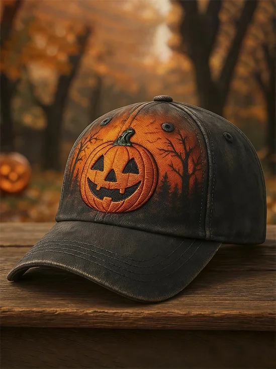 Royaura® Men's Halloween Pumpkin Smiley Face Print Washed Cotton Baseball Cap
