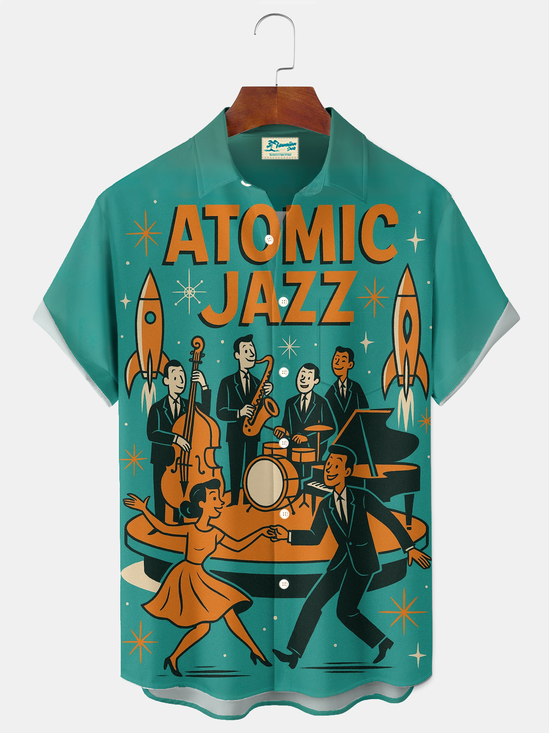 Royaura® Vintage Retro 1950s Mid-century Atomic Age Geometric Jazz Night Art Print Men's Button Pocket Short Sleeve Shirt Big & Tall