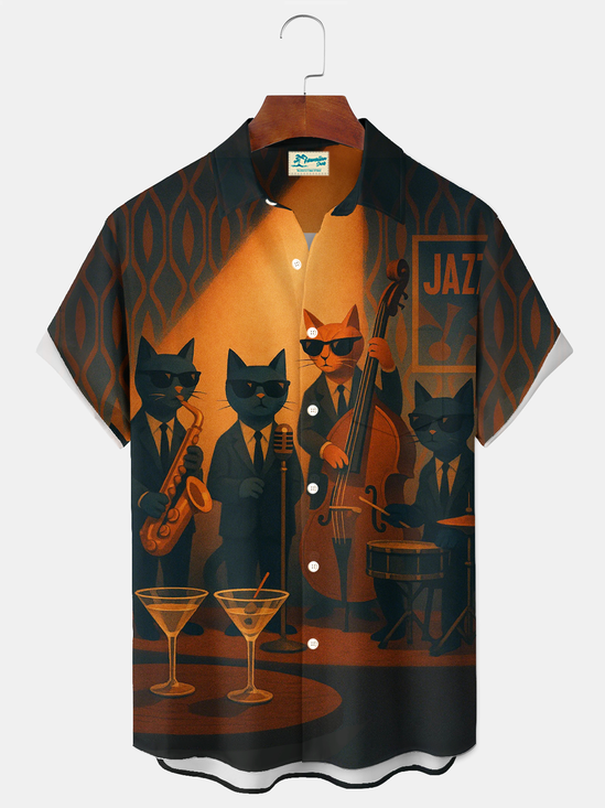 Royaura® Vintage Retro 1950s Mid-century Atomic Age Geometric Jazz Night Art Print Men's Button Pocket Short Sleeve Shirt Big & Tall