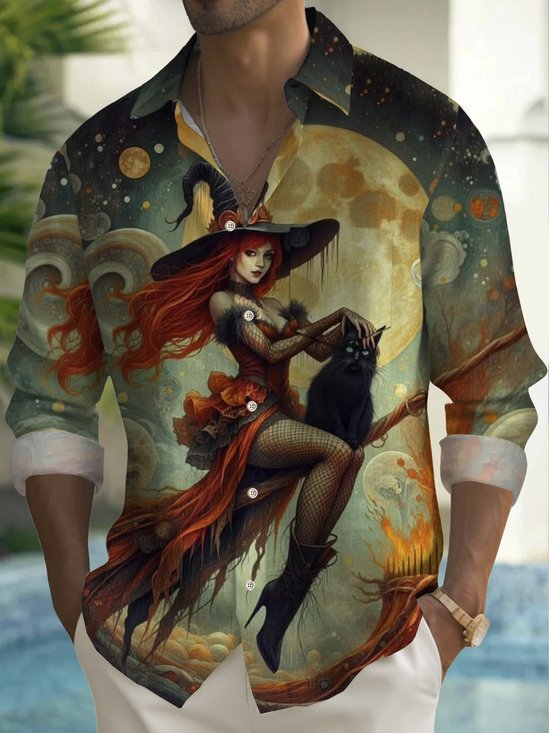Royaura® Halloween Witch Print Men's Lapel Pocket Long Sleeve Shirt Big & Tall
