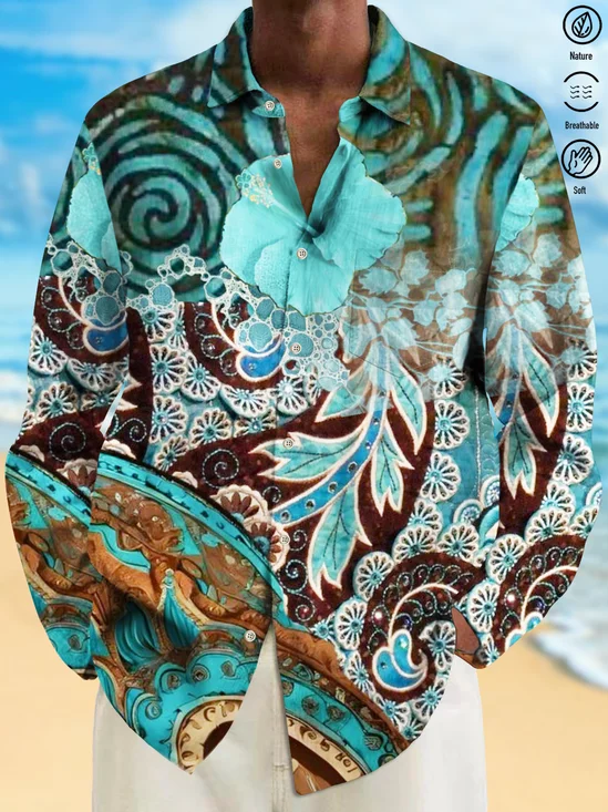 Royaura Vintage Gradient Abstract Floral Art Cotton Linen Men's Button Pocket Long Sleeve Shirt Big & Tall