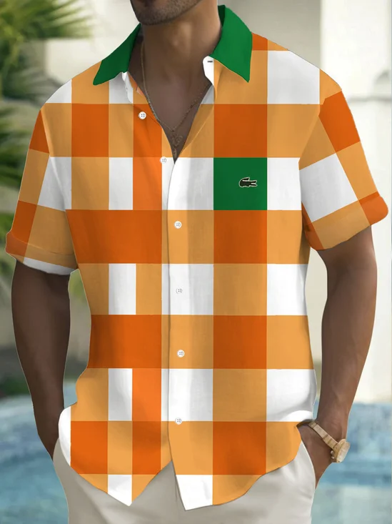 Royaura® Men's Retro Geometric Color Block Print Button Pocket Short Sleeve Shirt Big & Tall