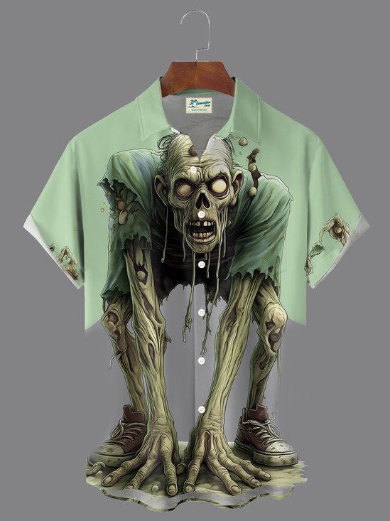 Royaura® Halloween Plants vs. Zombies Dislocation Visual Print Men's Large Size Button Pocket Short Sleeve Shirt Big & Tall