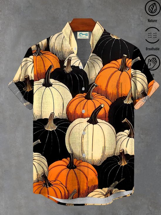 Royaura® Men's Holiday Halloween Pumpkin Print Pocket Slub Cotton Shirt Big & Tall