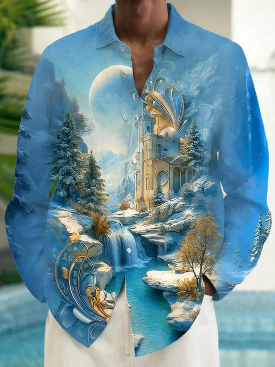 Royaura® Gradient Art Snow Print Men's Button Pocket Long Sleeve Shirt Big & Tall