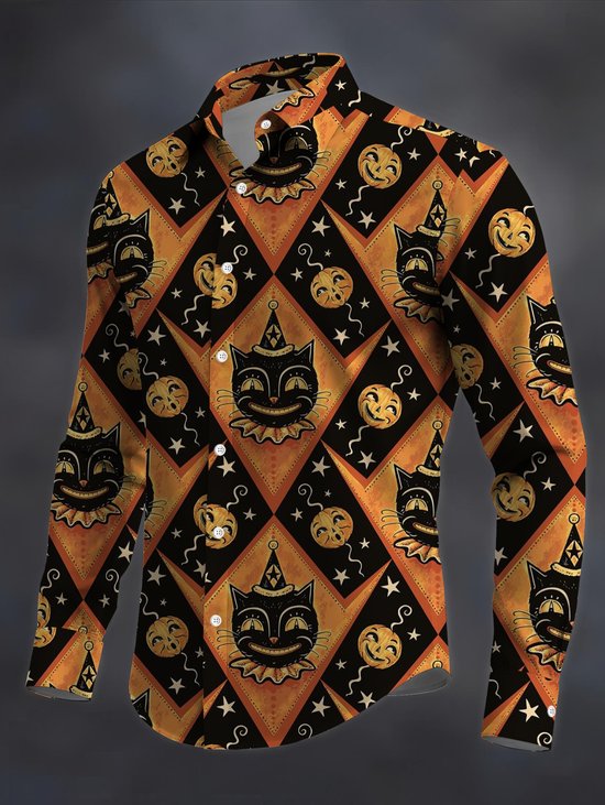 Royaura® Halloween Cosplay Cat Print Men's Lapel Pocket Long Sleeve Shirt Big & Tall