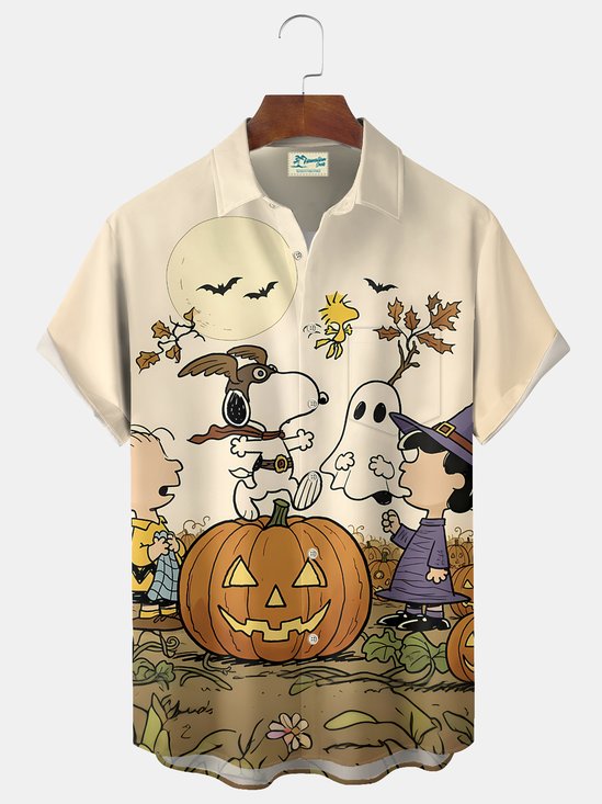 Royaura® Halloween Cartoon Print Casual Stylish Hawaiian Shirt Summer Shirts Pocket Short Sleeve Shirt Big Tall