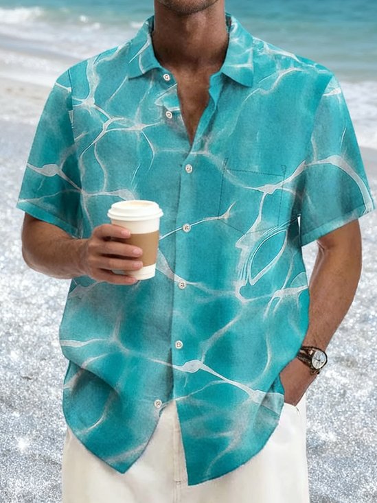 Royaura Cotton hemp Hawaiian blue wavy texture art men's button pocket shirt