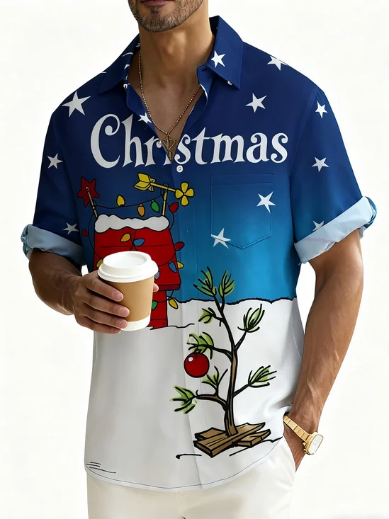 Royaura Christmas Holiday Blue Men's Shirts Cartoon Art Christmas Tree Lights Stretch Pocket Hawaiian Shirts Big Tall