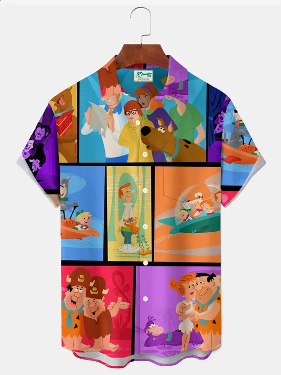 Royaura® Retro Cartoon Art Graphic Print Men's Button Pocket Short Sleeve Shirt Big & Tall