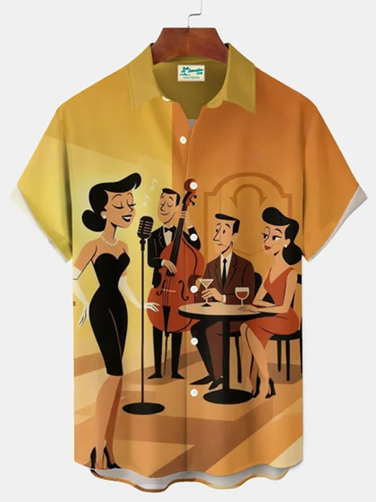 Royaura® Vintage Retro 1950s Cartoon Style Jazz Night Art Print Men's Button Pocket Short Sleeve Shirt Big & Tall