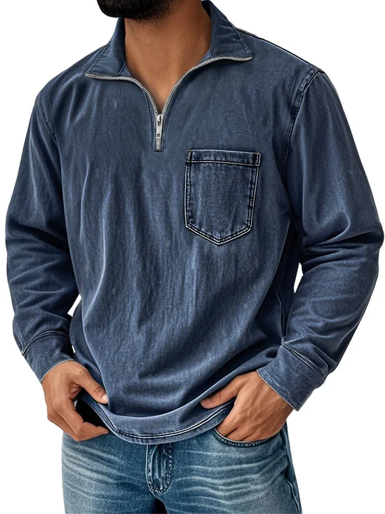 Royaura® Basic Solid Color Denim Washed Print Men's Zipper Long Sleeve Sweatshirt Big & Tall