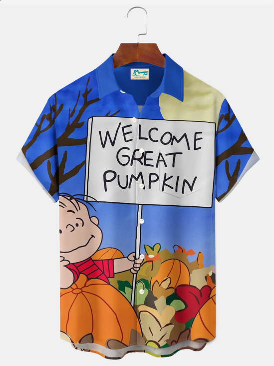 Royaura® Holiday Halloween Cartoon Art Print Men's Button Pocket Short Sleeve Shirt Big & Tall