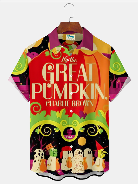 Royaura® Holiday Halloween Cartoon Art Print Men's Button Pocket Short Sleeve Shirt Big & Tall