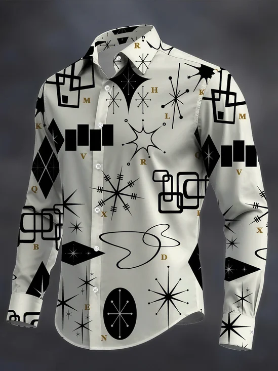 Royaura® Retro 1950s Mid-century Atomic Age Geometric Graphic Print Men's Button Pocket Long Sleeve Shirt Big & Tall