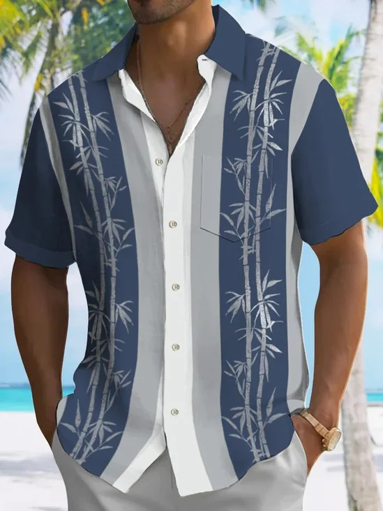 Royaura® Vintage Bamboo Bowling Print Men's Button Pocket Short Sleeve Shirt Big & Tall