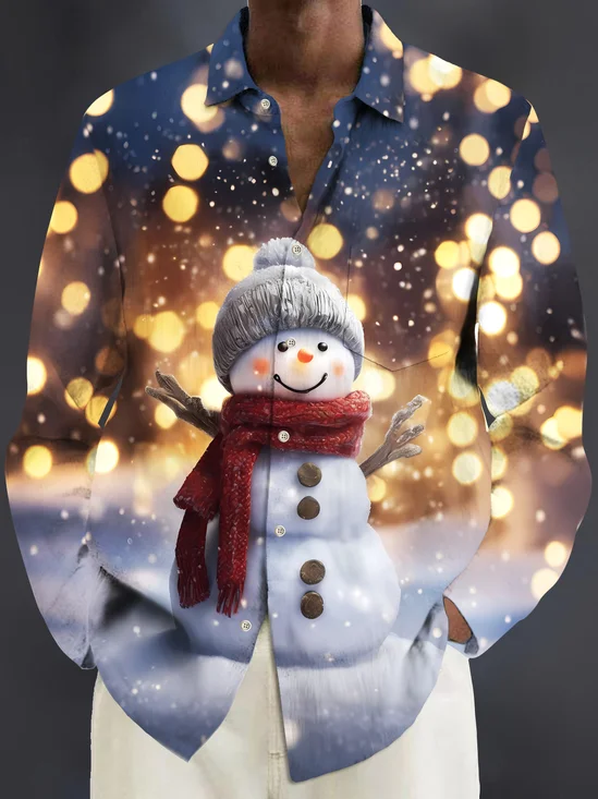 Royaura® Christmas Snowman Print Casual Fashion Men's Button Pocket Long Sleeve Shirt Big Tall