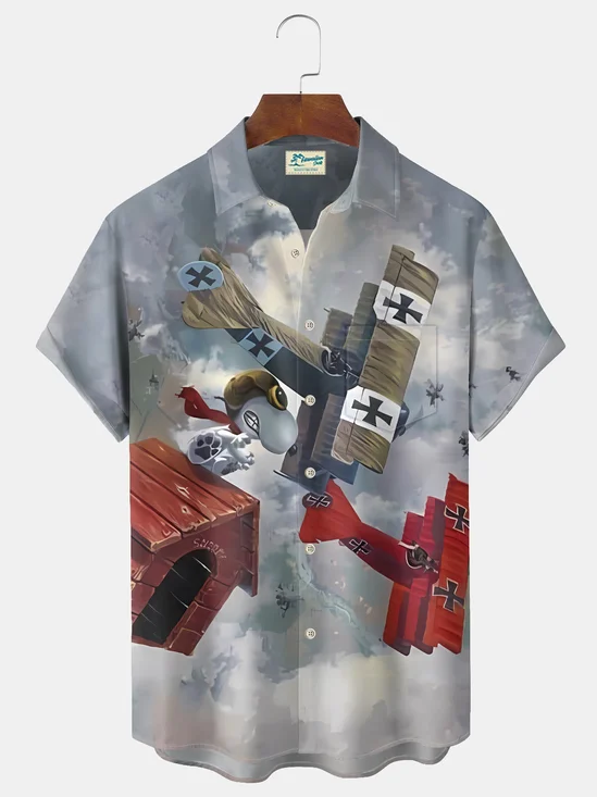 Royaura® Vintage Cartoon Print Men's Casual Stylish Button Pocket Hawaiian Summer Shirts Short Sleeve Shirt Big Tall